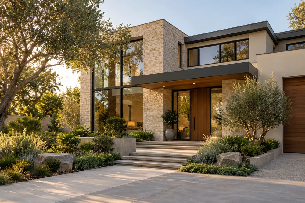 Concept property listing featuring a modern stone and glass home